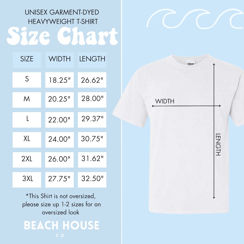 K&ouml;nnte beinhalten: Gr&ouml;&szlig;entabelle f&uuml;r ein Unisex-T-Shirt aus schwerem, garment-gef&auml;rbtem Stoff. Die Tabelle zeigt die Breite und L&auml;nge in Zoll f&uuml;r die Gr&ouml;&szlig;en S bis 3XL. Der Text besagt, dass das Shirt nicht &uuml;berdimensioniert ist und empfiehlt, f&uuml;r einen Oversize-Look 1-2 Gr&ouml;&szlig;en gr&ouml;&szlig;er zu bestellen. Die Tabelle befindet sich auf einem hellblauen Hintergrund mit einem wei&szlig;en T-Shirt-Bild.