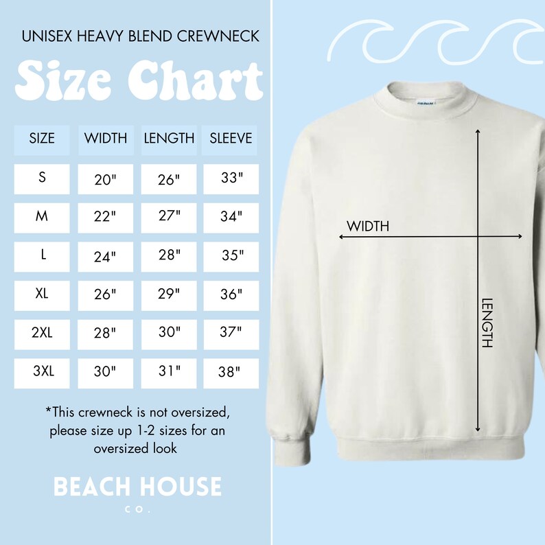 May include: Size chart for a unisex heavy blend crewneck sweatshirt. The chart shows the width, length, and sleeve length in inches for sizes S through 3XL. The text "This crewneck is not oversized, please size up 1-2 sizes for an oversized look" is included below the chart. The text "BEACH HOUSE Co." is at the bottom of the chart.