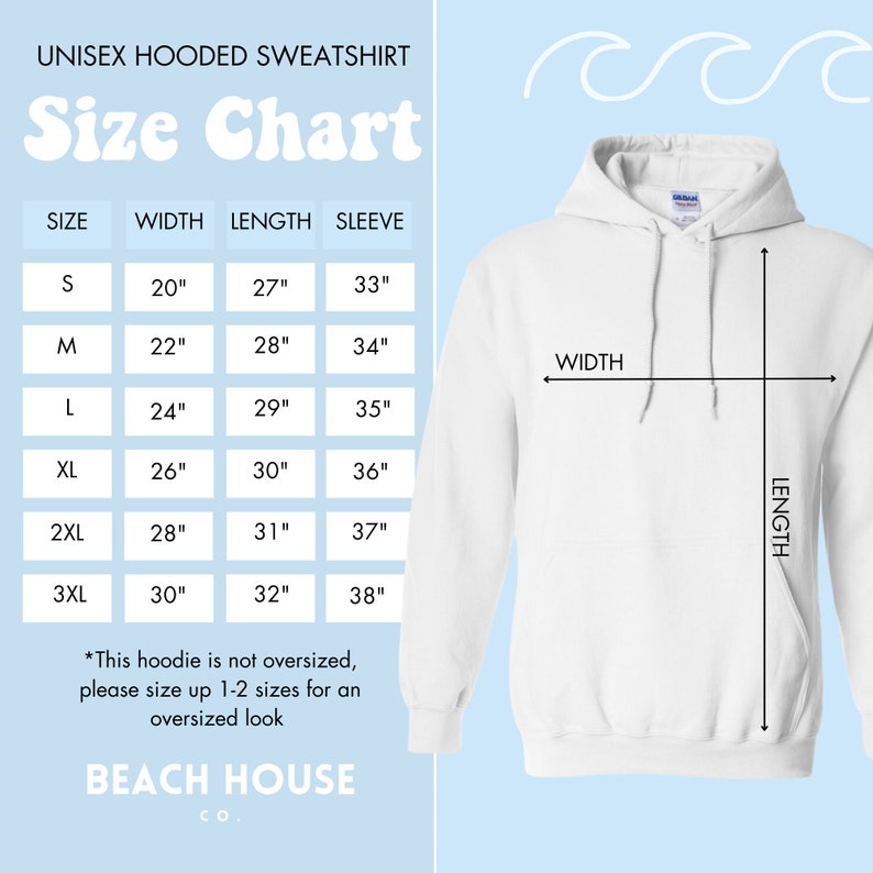 May include: Size chart for a unisex hooded sweatshirt. The chart shows the width, length, and sleeve length in inches for sizes S, M, L, XL, 2XL, and 3XL. The text *This hoodie is not oversized, please size up 1-2 sizes for an oversized look* is below the chart. The text BEACH HOUSE CO. is at the bottom of the chart.
