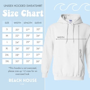 K&ouml;nnte beinhalten: Gr&ouml;&szlig;entabelle f&uuml;r ein Unisex-Kapuzenpullover. Die Tabelle zeigt die Breite, L&auml;nge und &Auml;rmell&auml;nge in Zoll f&uuml;r die Gr&ouml;&szlig;en S, M, L, XL, 2XL und 3XL. Der Text *Dieser Hoodie ist nicht &uuml;berdimensioniert, bitte eine oder zwei Gr&ouml;&szlig;en gr&ouml;&szlig;er w&auml;hlen f&uuml;r einen Oversize-Look* befindet sich unter der Tabelle. Der Text BEACH HOUSE CO. befindet sich am unteren Rand der Tabelle.