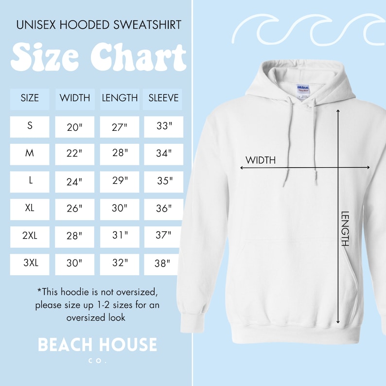 K&ouml;nnte beinhalten: Gr&ouml;&szlig;entabelle f&uuml;r ein Unisex-Kapuzenpullover. Die Tabelle zeigt die Breite, L&auml;nge und &Auml;rmell&auml;nge in Zoll f&uuml;r die Gr&ouml;&szlig;en S, M, L, XL, 2XL und 3XL. Der Text *Dieser Hoodie ist nicht &uuml;berdimensioniert, bitte eine oder zwei Gr&ouml;&szlig;en gr&ouml;&szlig;er w&auml;hlen f&uuml;r einen Oversize-Look* befindet sich unter der Tabelle. Der Text BEACH HOUSE CO. befindet sich am unteren Rand der Tabelle.