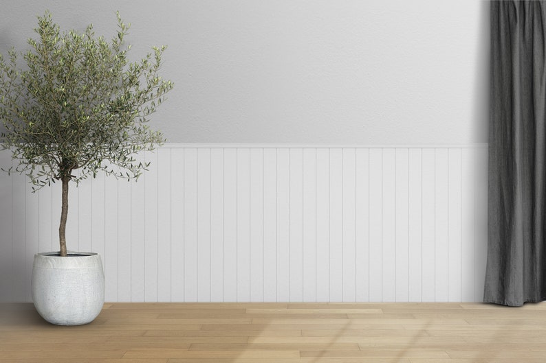 May include: An olive tree in a white pot stands in front of a white paneled wall and a gray curtain. The tree has green leaves and a brown trunk. The floor is made of light brown wood.