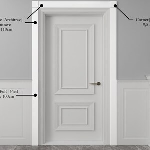 Pode incluir: Moldura de porta branca com moldura de acabamento branca. A moldura mede 9,5 cm por 9,5 cm. A moldura da porta mede 9,5 cm por 110 cm. A moldura da porta mede 9,5 cm por 100 cm.
