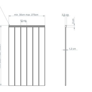 May include: Technical drawing of a panel with vertical lines, showing dimensions in centimeters and millimeters. The panel's height ranges from a minimum of 30cm to a maximum of 150cm, and the width is 10cm. The cap is a separate part.