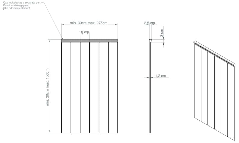 May include: Technical drawing of a panel with vertical lines, showing dimensions in centimeters and millimeters. The panel's height ranges from a minimum of 30cm to a maximum of 150cm, and the width is 10cm. The cap is a separate part.