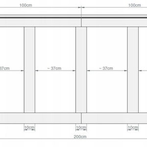Peut inclure: Un dessin technique au trait d'un syst&egrave;me de panneaux muraux rectangulaires d'une largeur totale de 200 cm et d'une hauteur de 100 cm. Le sch&eacute;ma affiche des segments verticaux et horizontaux avec des mesures pr&eacute;cises en centim&egrave;tres, dont 37 cm.