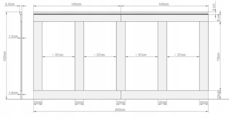 Peut inclure: Un dessin technique au trait d'un syst&egrave;me de panneaux muraux rectangulaires d'une largeur totale de 200 cm et d'une hauteur de 100 cm. Le sch&eacute;ma affiche des segments verticaux et horizontaux avec des mesures pr&eacute;cises en centim&egrave;tres, dont 37 cm.