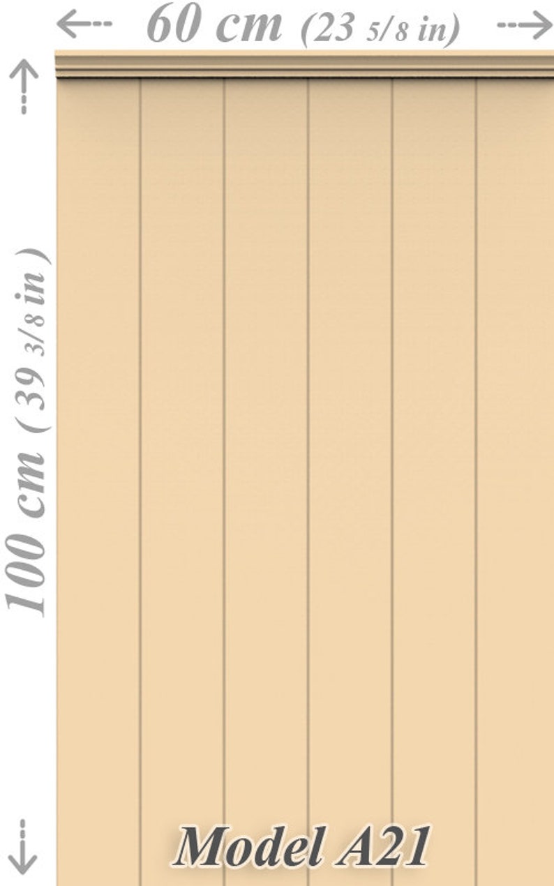 May include: A beige panel, 100 cm (39 3/8 in) high and 60 cm (23 5/8 in) wide, with vertical grooves. The top features a decorative molding. The text "Model A21" is at the bottom.