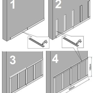Peut inclure: Un diagramme d'instruction en quatre &eacute;tapes illustrant l'installation de panneaux muraux. Le processus implique l'application d'adh&eacute;sif sur les plinthes et les bandes verticales, formant une section murale de 100 cm sur 200 cm.