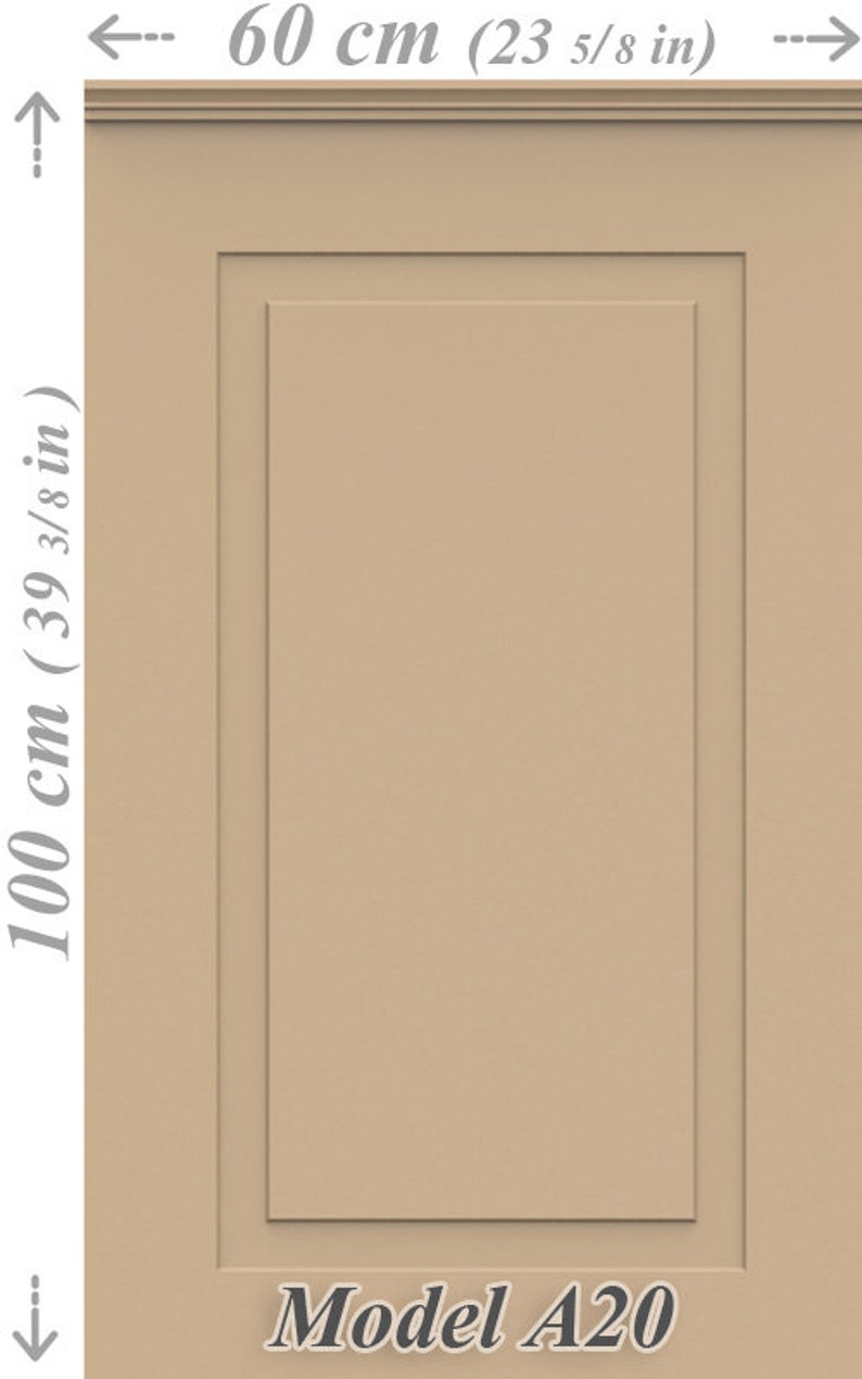 May include: A light brown cabinet door with a raised panel design. The door measures 39 3/8 inches tall and 23 5/8 inches wide. The door is labeled "Model A20".