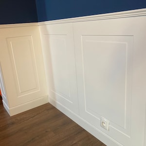May include: White wainscoting with a raised panel design, painted in a glossy white finish. The wainscoting is installed on a wall with a dark blue accent color above. An electrical outlet is visible on the lower panel.