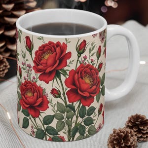 Red Roses Floral Mug: Ceramic Tea Cup, Kitchen Decor