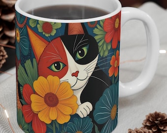 Calico Cat & Flowers Coffee Mug: Whimsical Ceramic Tea Cup Discount for Any 2, 3 or 4 Cups
