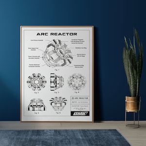 May include: A black and white technical drawing of the Arc Reactor, a fictional energy source from the Marvel Cinematic Universe. The drawing shows a detailed diagram of the reactor's components, including the core, containment ring, and electron source. The drawing is labelled with the title "ARC REACTOR" and the date "2/2/2008". The drawing also includes the inventor's name, "Tony Stark", and the company logo, "STARK INDUSTRIES".