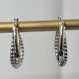 Silver Twisted and Beaded Hoop Earrings
