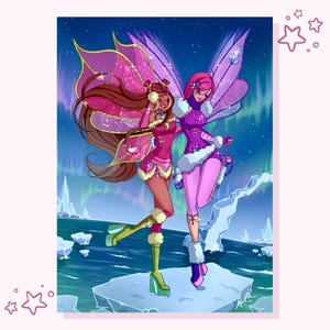 Könnte beinhalten: Illustration von zwei Feen mit großen, detaillierten Flügeln. Eine Fee trägt ein rosa Kleid und grüne Stiefel, die andere ein lila Outfit. Sie stehen auf Eis mit dem Hintergrund eines Polarlichts.