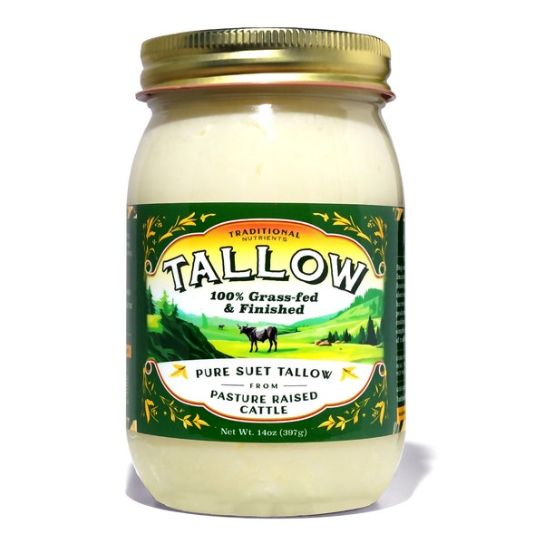 100% Pure Grass Fed Grass Finished Rendered Beef Tallow - Glass Jar - Pasture Raised Cattle, Cooking Tallow