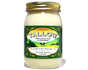 100% Pure Grass Fed Grass Finished Rendered Beef Tallow - Glass Jar - Pasture Raised Cattle, Cooking Tallow