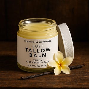 May include: A glass jar of vanilla-scented Suet Tallow Balm, with a white label and lid. The label reads "Traditional Nutrients" and "Face and Body Balm, Net Wt. 4oz | 120g." A vanilla bean and a yellow flower are next to the jar.