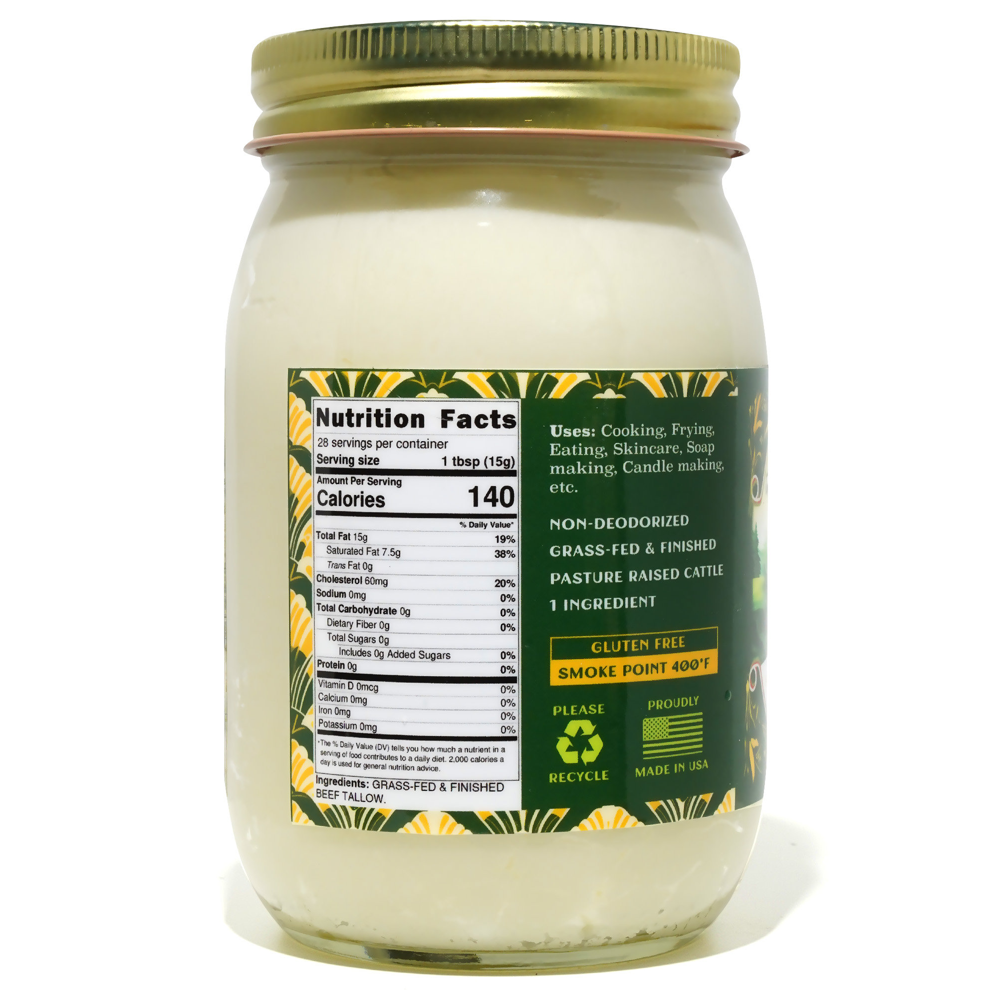 100% Pure Grass Fed Grass Finished Rendered Beef Tallow Glass Jar