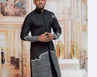 African Men's Outfit, Cotton Black Farbe Mantel mit bestickt und Hosen Set
