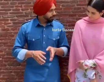 Handmade Cotton Kurta Shalwar Set: Men's Denim Blue Panjabi Suit