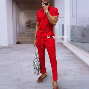 Abito da uomo africano in cotone rosso: camicia tradizionale e completo pantaloni