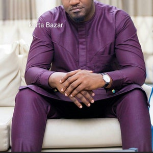 Abito da uomo africano in cotone viola: camicia e pantaloni caftano