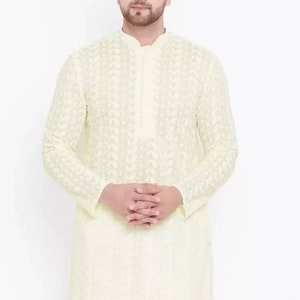 Embroidered Chicken Kari Kurta Pajama Set: Men&#39;s Indian Wedding Wear