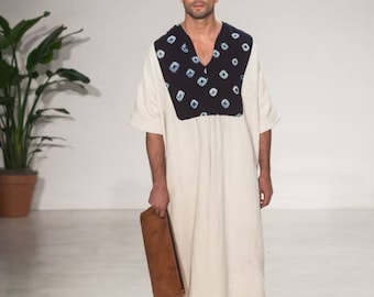Men's Linen Kaftan: Indigo Tie-Dye Tunic