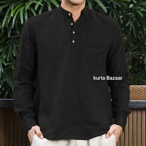 Men&#39;s Black Cotton Kurta: Indian Ethnic Wedding Shirt