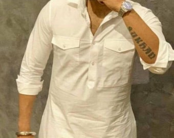 Handmade Men&#39;s White Cotton Pathani Kurta: Solid Color Panjabi