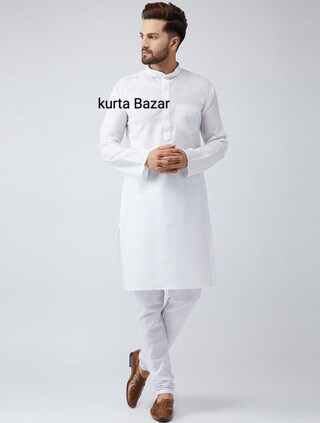 Royal Men's Set Kurta Churidar In Lino Bianco - Colletto Cinese, Lungo, Vestibilità Comoda, Made In India