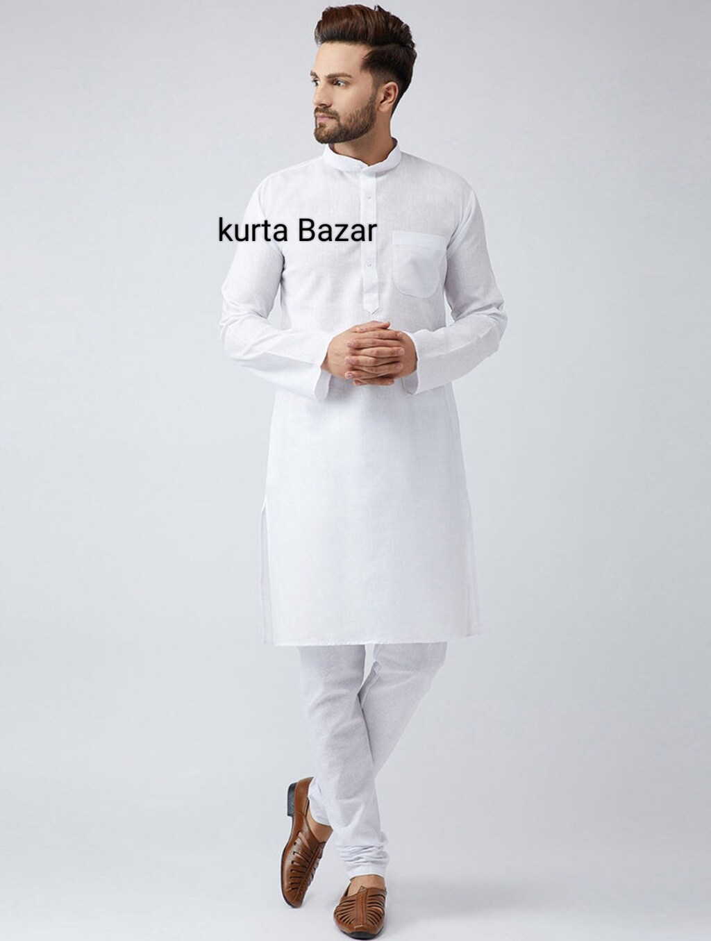 Royal Men's Set Kurta Churidar In Lino Bianco - Colletto Cinese, Lungo, Vestibilità Comoda, Made In India