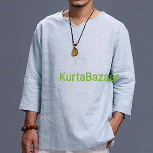 Handmade Linen Kurta: Sky Blue Ethnic Wear, Men&#39;s Short Kurta
