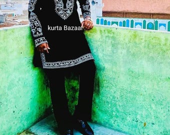 Handmade Embroidered Black Kurta Pajama Set: IndiaPak Party Wear