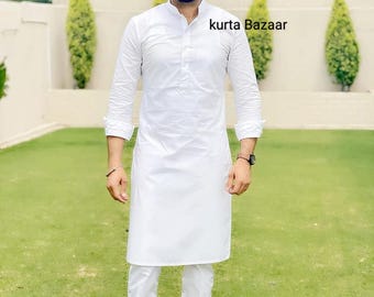 Men's Navy Blue Cotton Pathani Kurta Shalwar Set: Indian Party Wear