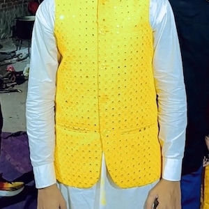 Yellow Nehru Jacket: Men&#39;s Silk Embroidered Waistcoat
