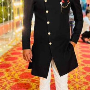 Men&#39;s Sherwani With Bottom Set, Designer man Sherwani top Indian Traditional Wedding Ethnic Outfit Indowestern Cotton Solid Color Black