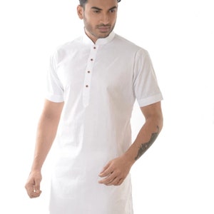 Men&#39;s Woven Design Pure Cotton Straight Kurta/Shirt Solid White Color Short Shirt Half Sleeve