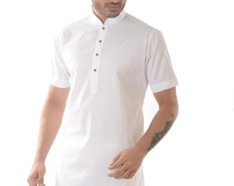 Men's White Cotton Kurta/ Shirt with pants- Short Sleeve Indian Tunic