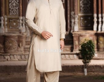 Men's Kurta With Shalwar Suit Handmade Top With Pants Set Party Wear Suit kameez Salwar Set Solid Color beige Plus size And Colour Available