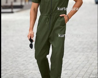 Men's parrot Green Linen Jumpsuit: Flap Pockets with Romper