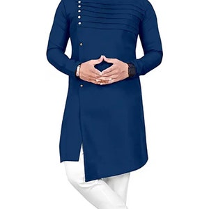 Handmade Cotton Pathani Kurta: Solid Blue Bollywood Style