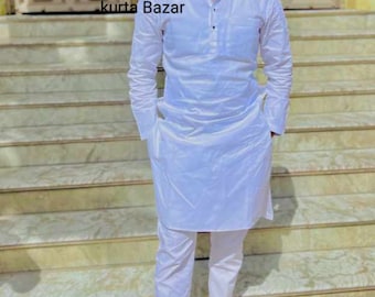 Men's Cotton Kurta: White Linen Blend, Loose Fit Tunic