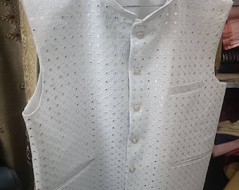 Giacca indiana Nehru fatta a mano: gilet da lavoro in cotone e seta bianca con specchio