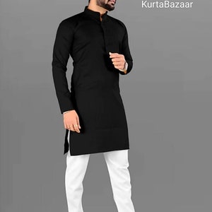 Handmade Black Cotton Kurta: Indian Men&#39;s Traditional Shirt