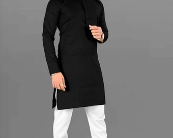 Handmade Black Cotton Kurta: Indian Men's Traditional Shirt