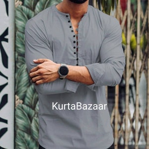 Kurta corta de algodón hecha a mano para hombre: Camisa india gris