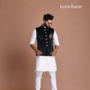 Men&#39;s White Kurta Pajama with Velvet Nehru Jacket: Embroidered Indian Wedding Suit
